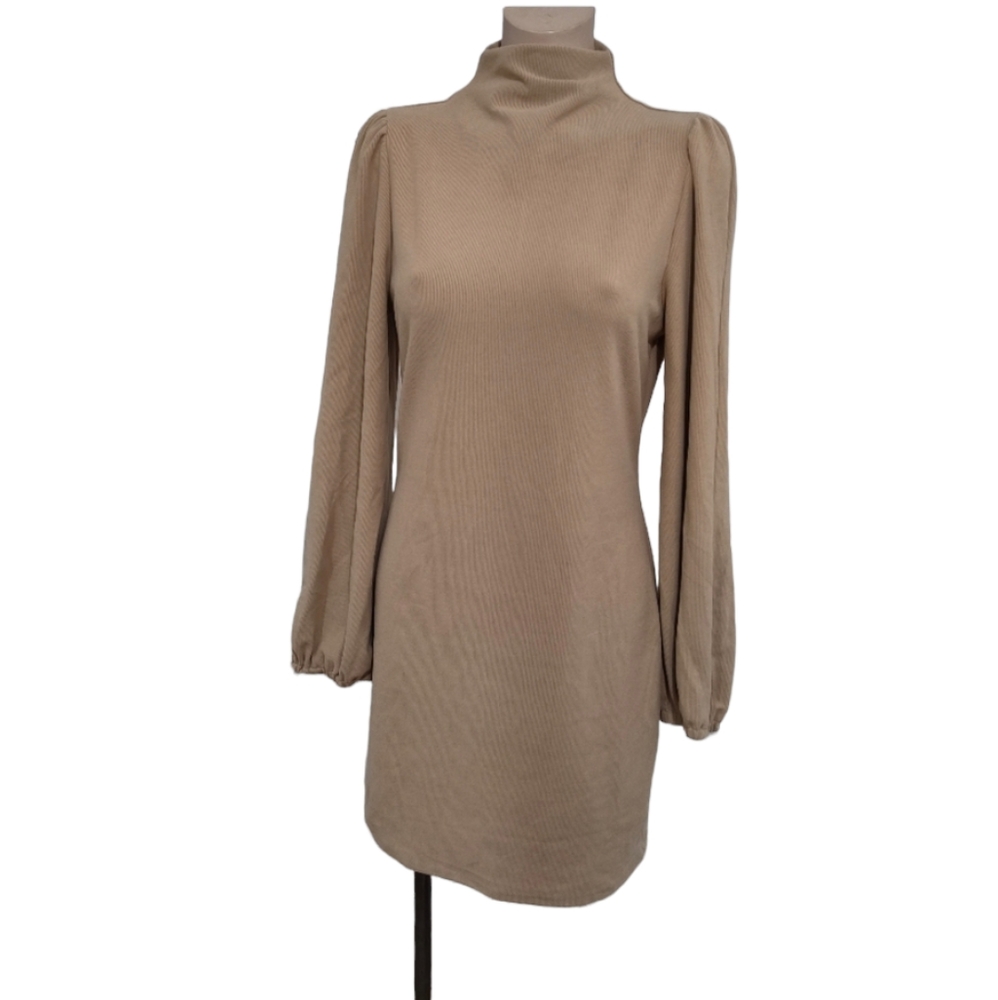 Tan Ribbed Long Sleeve Dress Size Medium - Picture 1 of 5